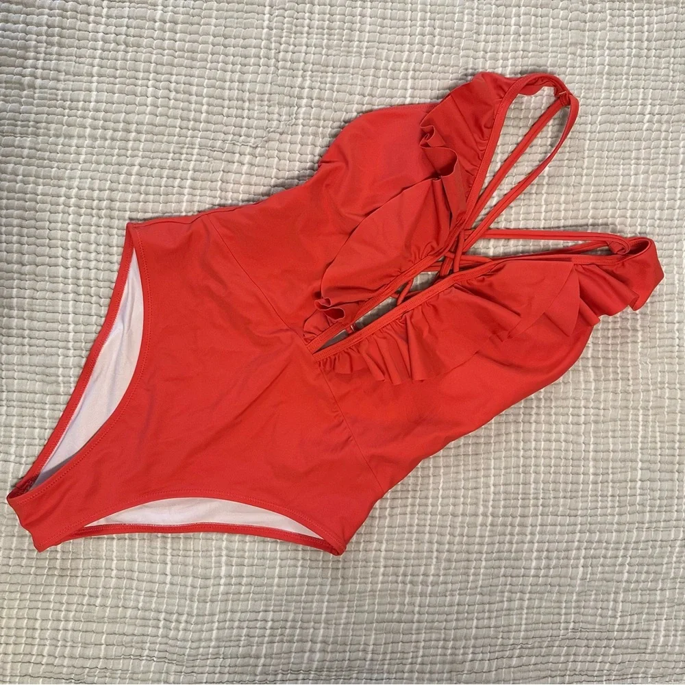 Cupshe Coral Ruffle Plunge Lace-Up One-Piece Swimsuit